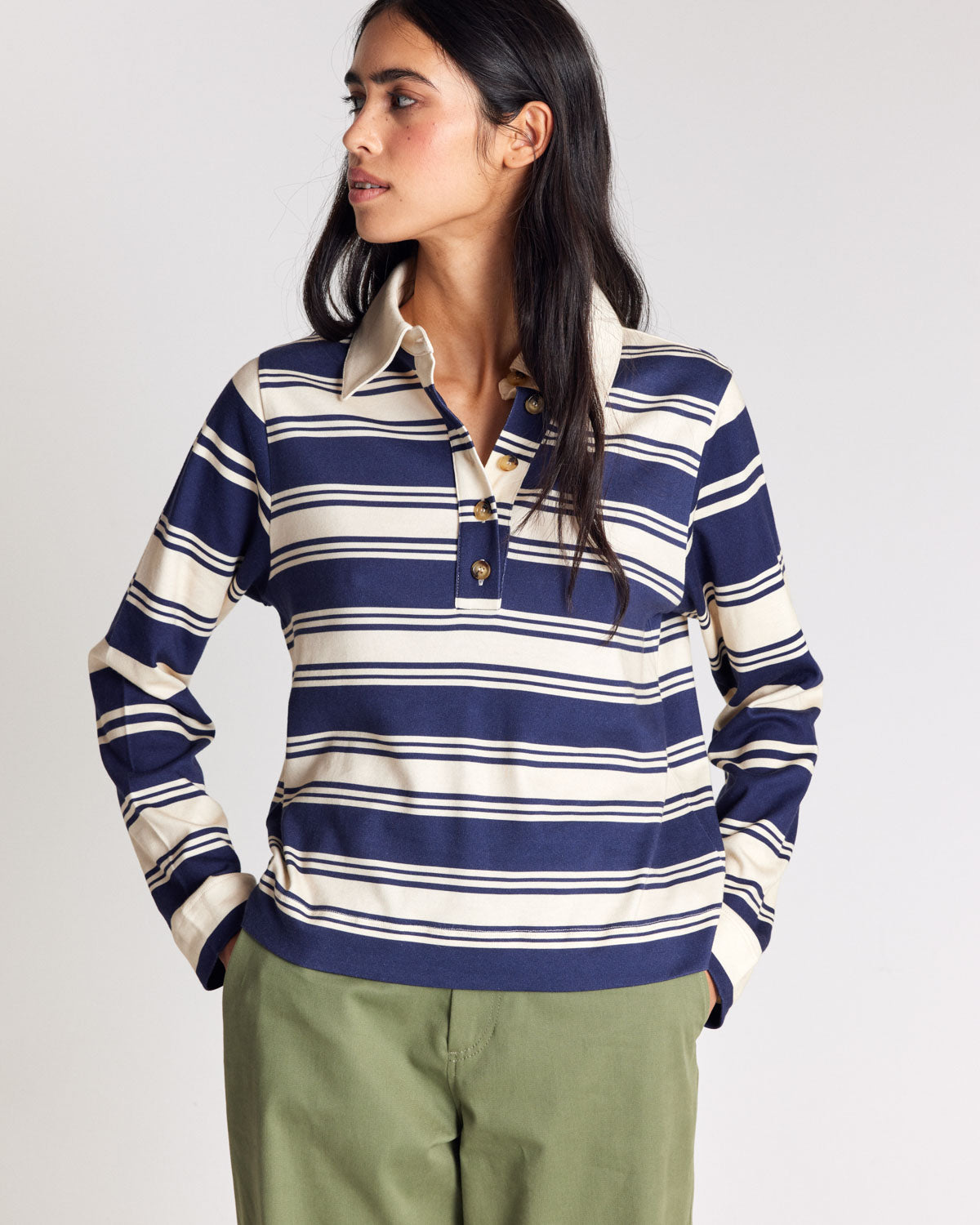 Maria navy and ecru striped Polo