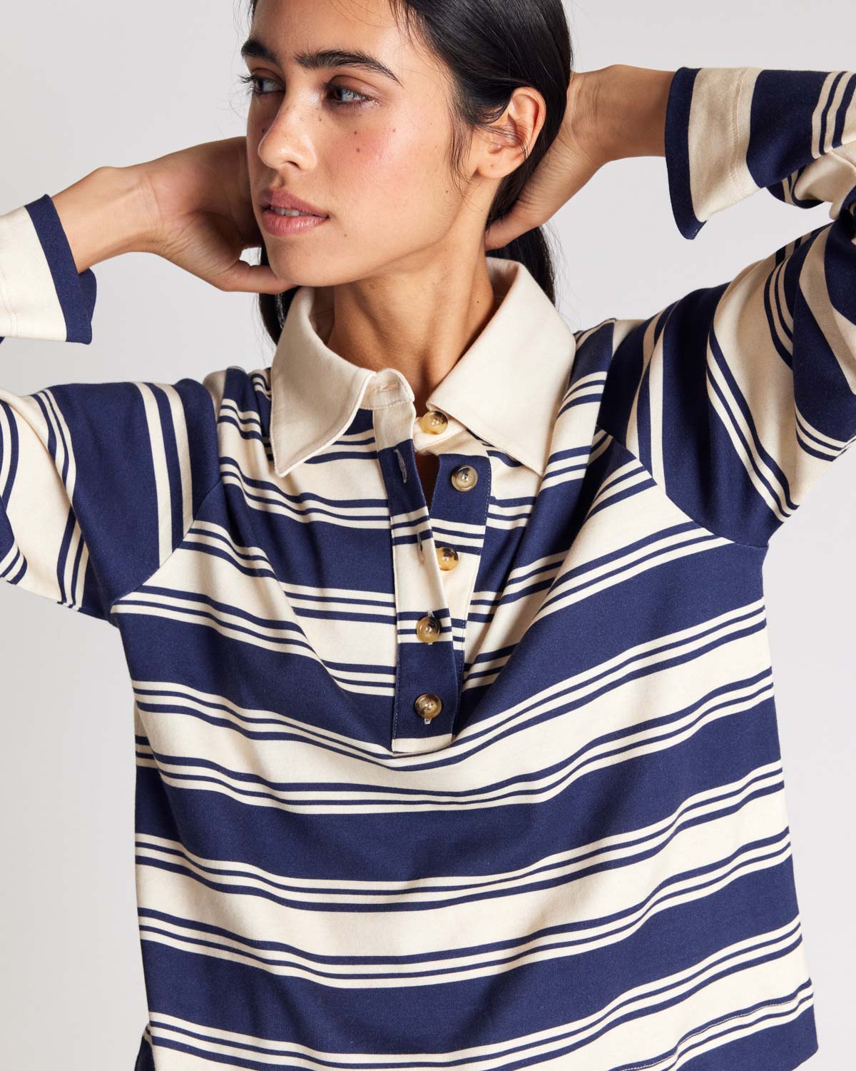 Maria navy and ecru striped Polo