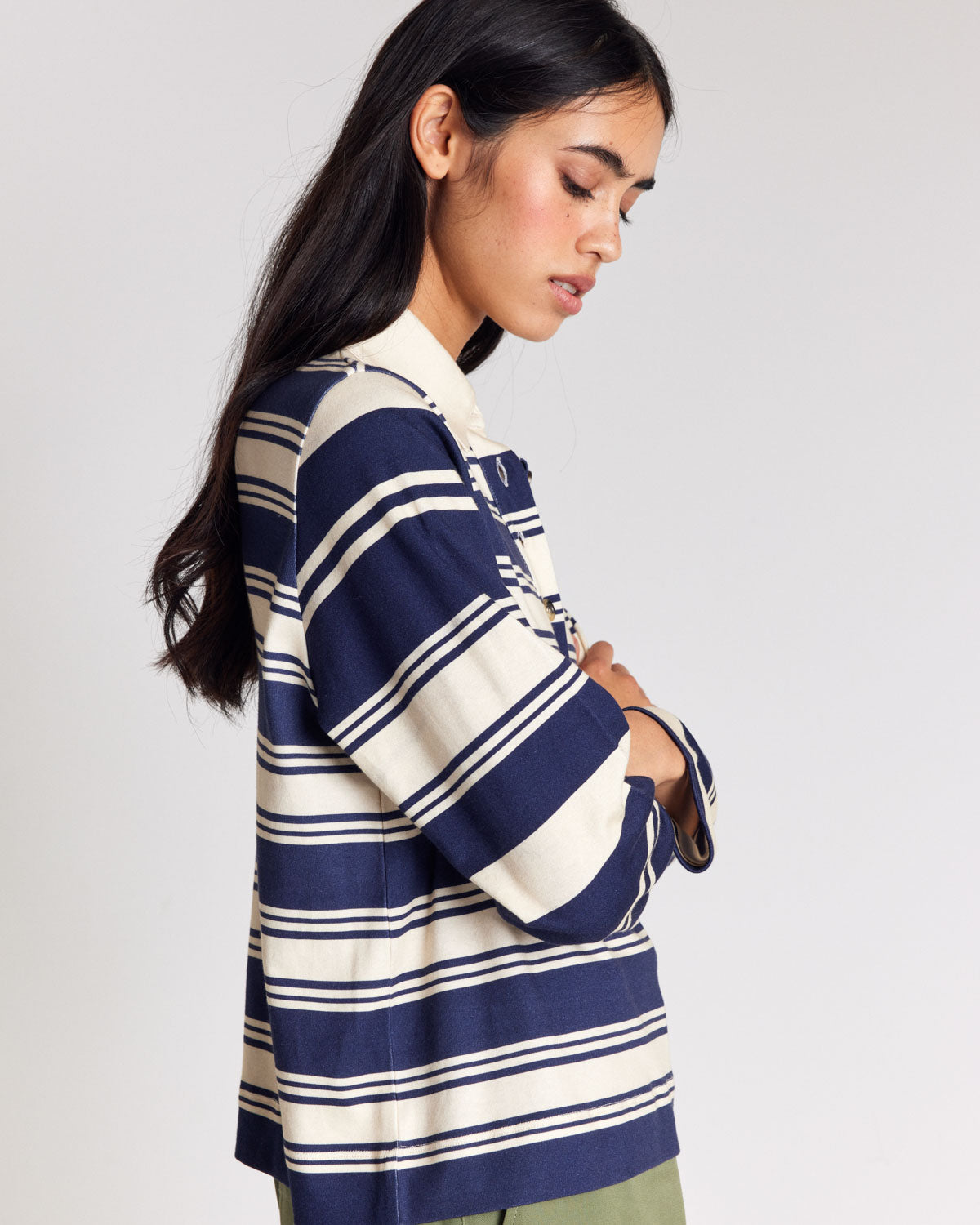 Maria navy and ecru striped Polo