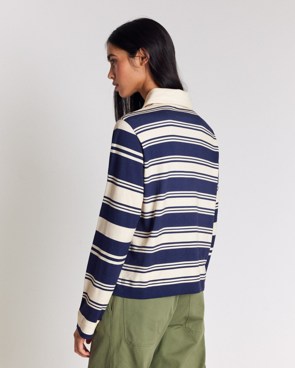 Maria navy and ecru striped Polo