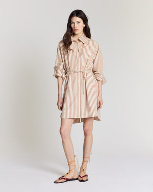 Lior dress, orange, blue and ecru stripes
