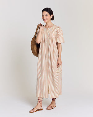 Lavanda dress orange, blue, and ecru stripes