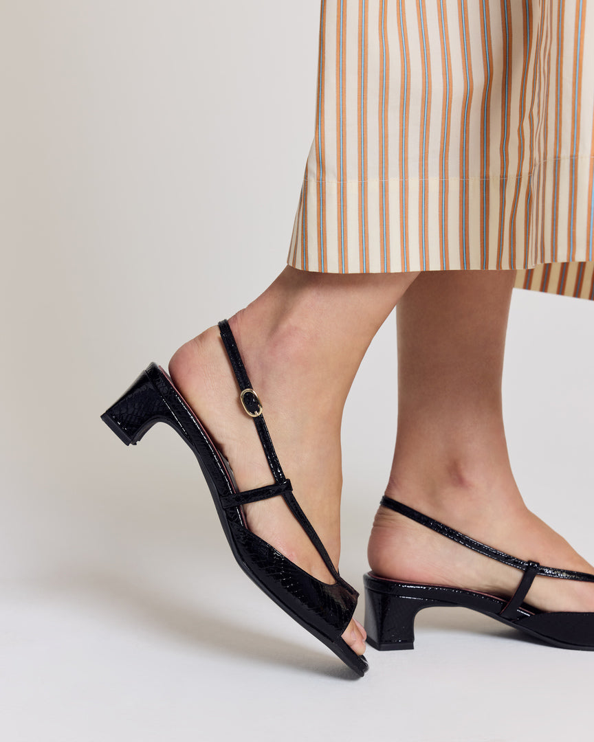 Black embossed patent leather Tella sandals