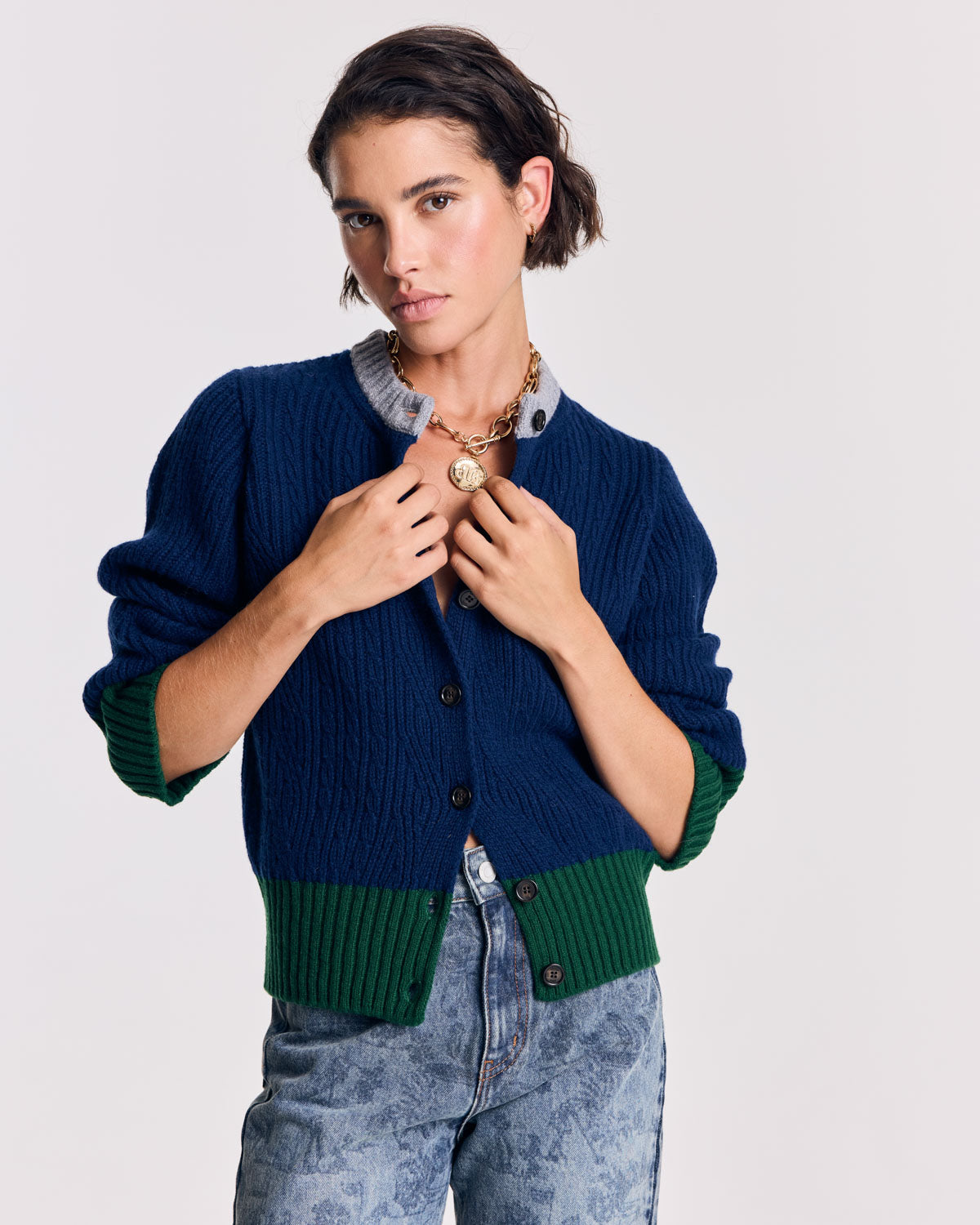 Cardigan Clea bleu marine et vert