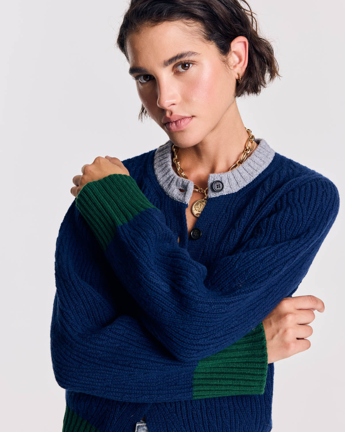 Cardigan Clea bleu marine et vert