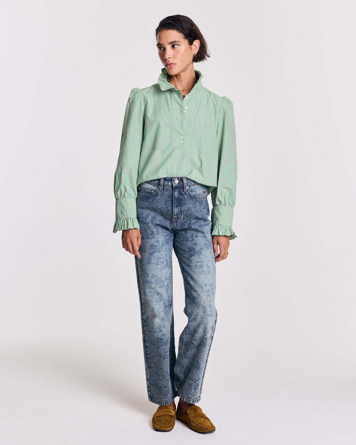 Green and ecru striped Source blouse