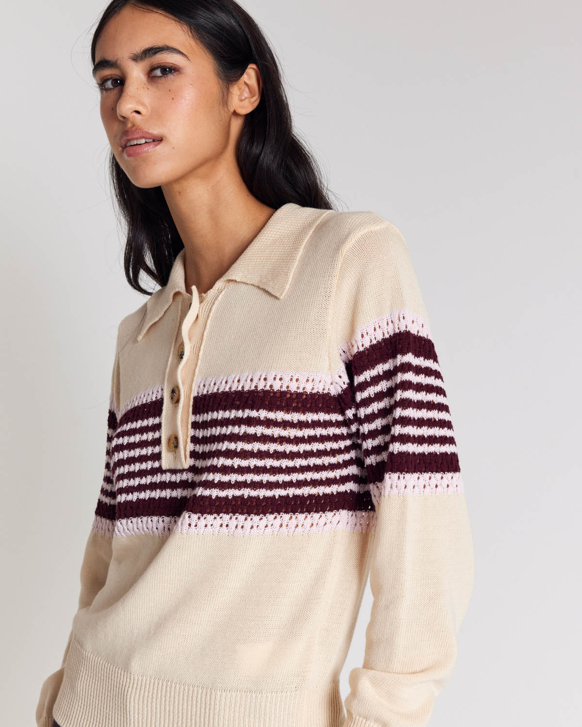 Elodie ecru sweater with burgundy stripes