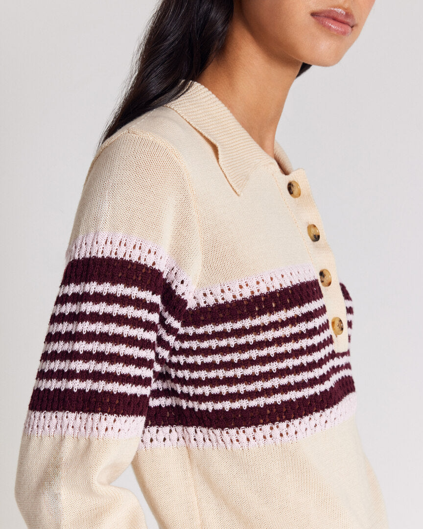 Elodie ecru sweater with burgundy stripes