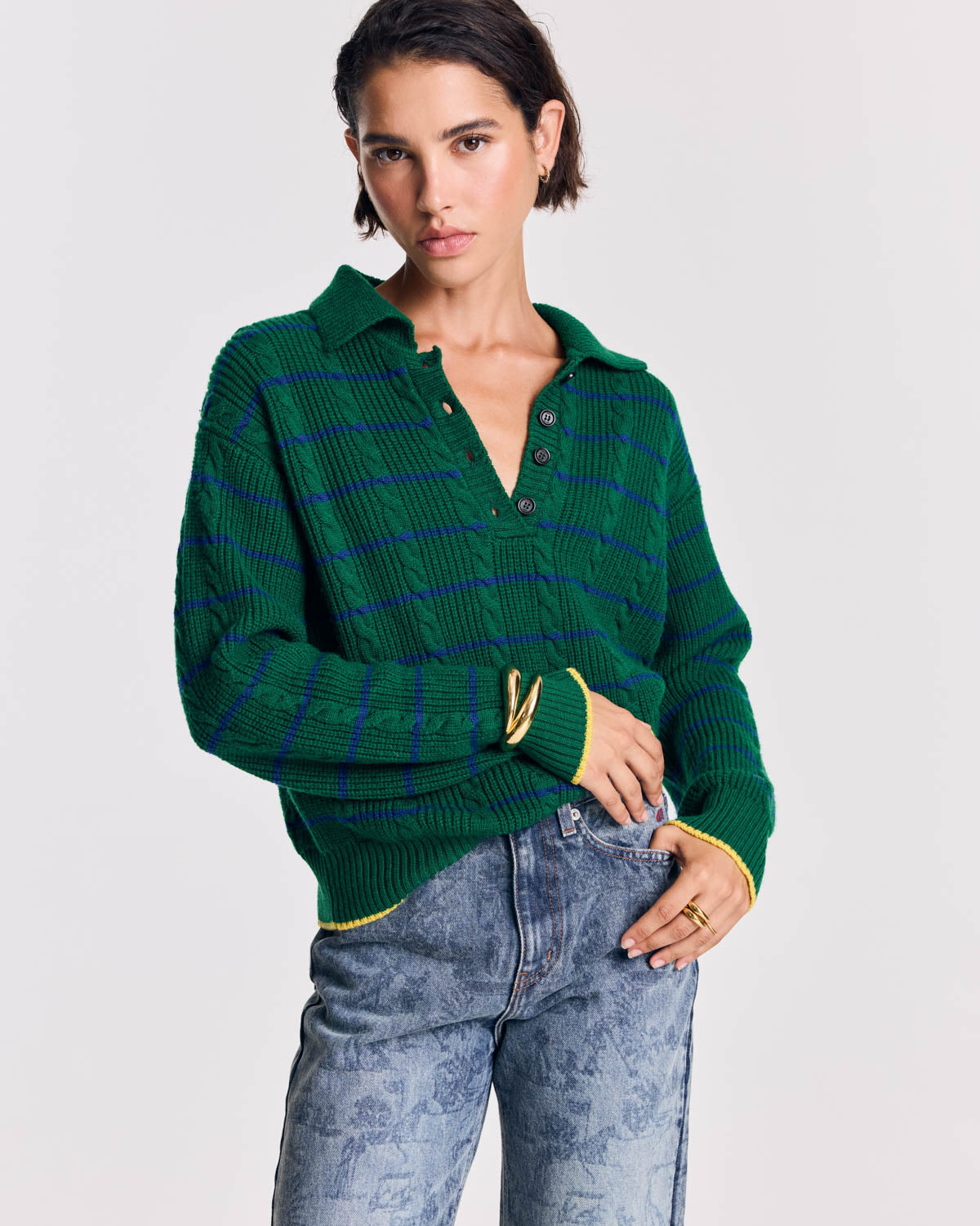 Pull Isidore rayures vert, marine et jaune