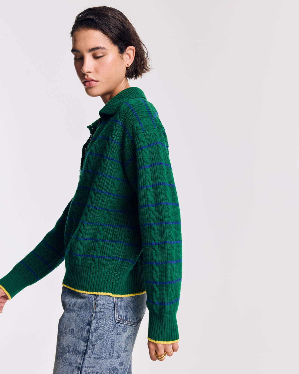 Pull Isidore rayures vert, marine et jaune