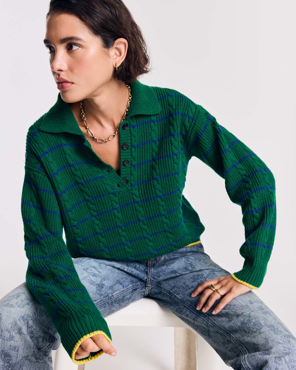 Pull Isidore rayures vert, marine et jaune