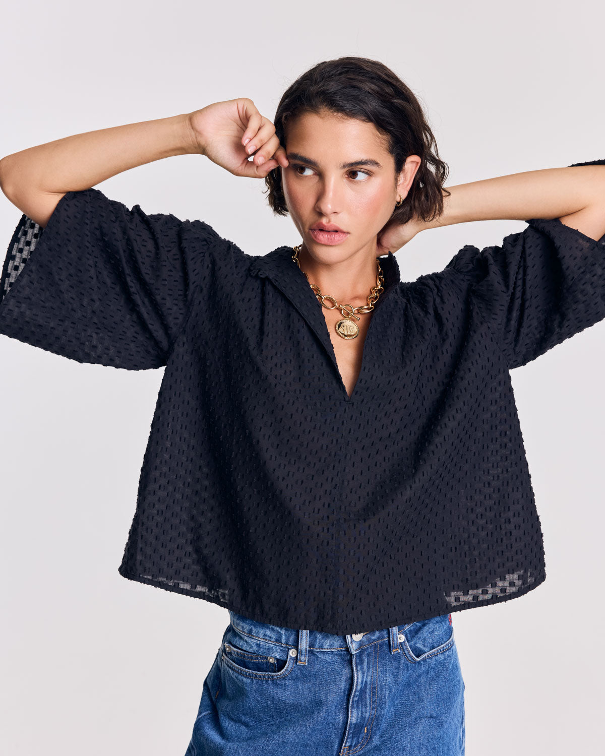 Janelle navy blue swiss dot blouse