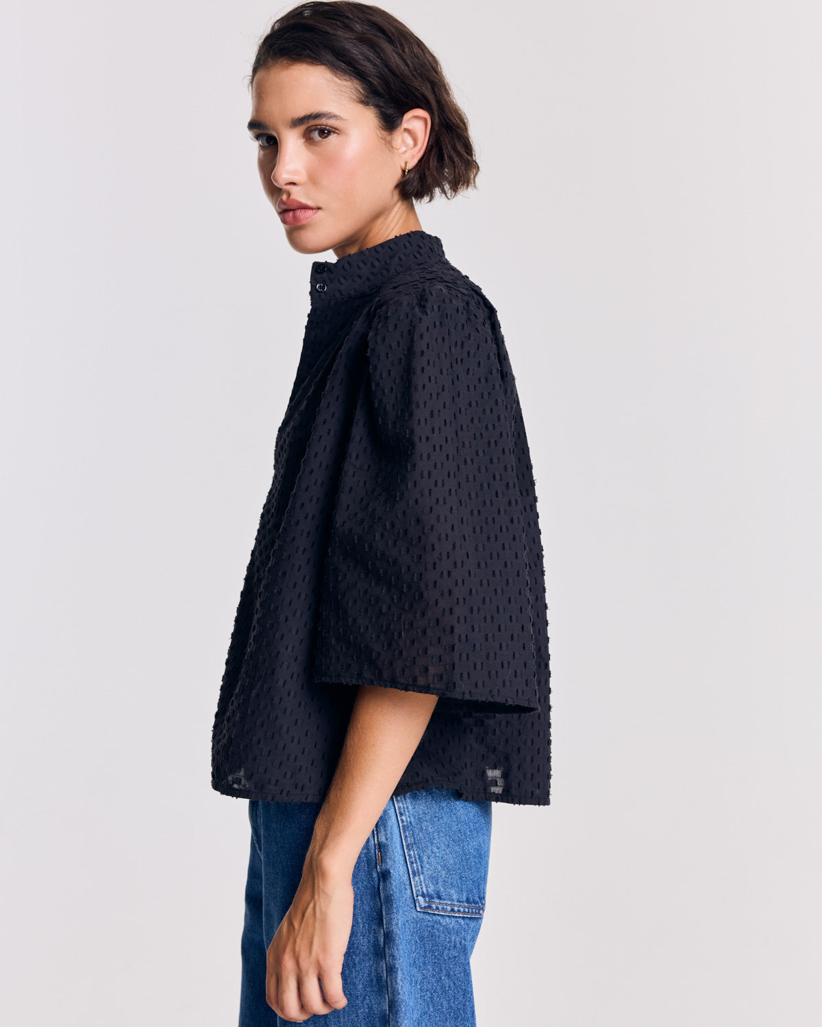 Janelle navy blue swiss dot blouse
