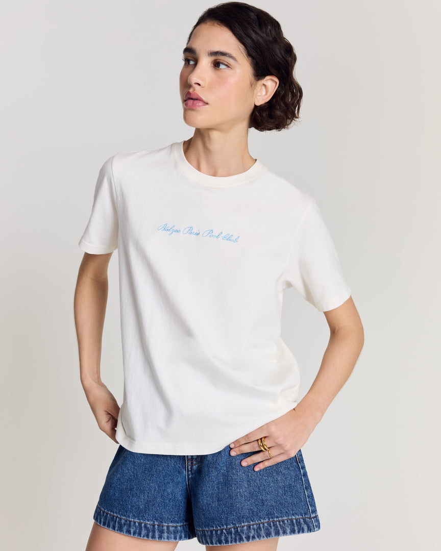 Bree Balzac Pool Club off-white and blue T-shirt