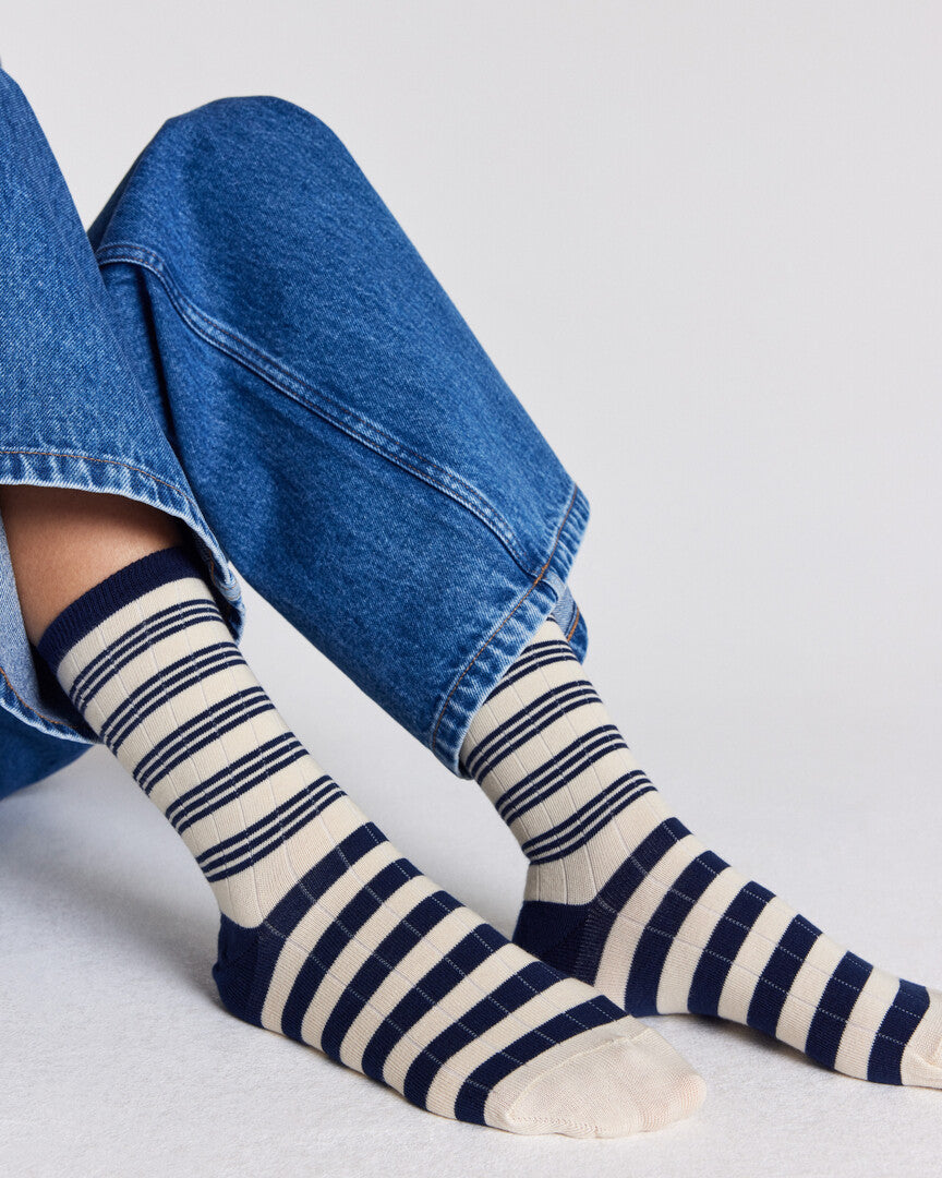 Chaussettes Ella rayure marine et écru