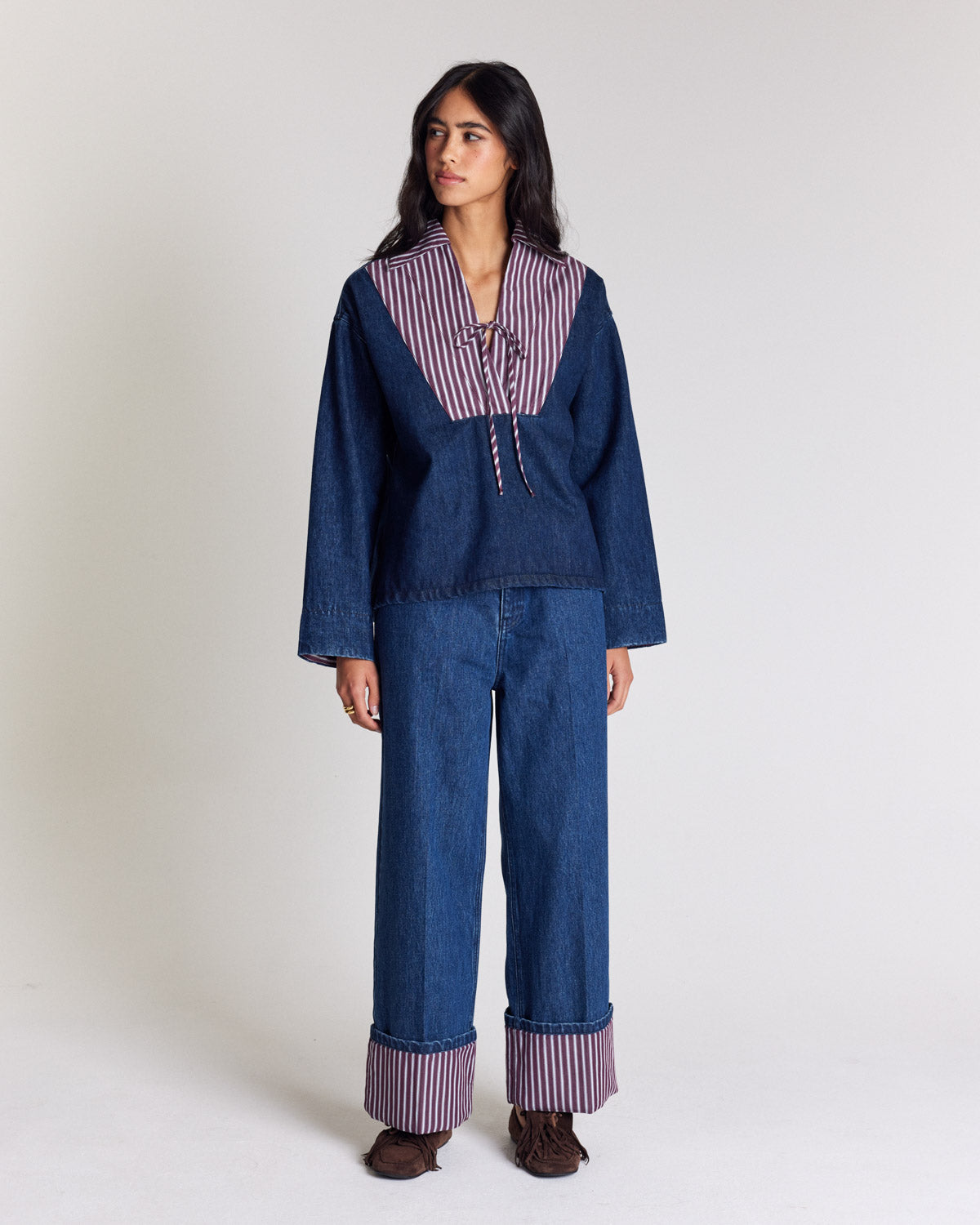 Hilaire tunic in indigo blue with plum stripes