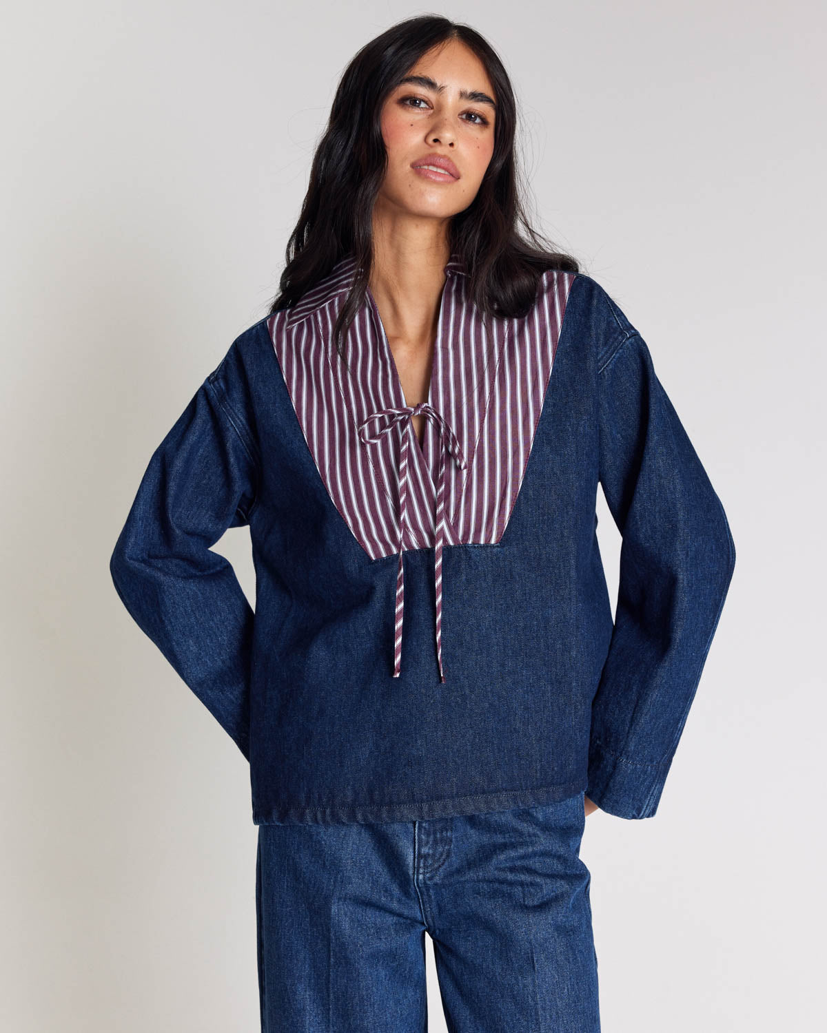 Hilaire tunic in indigo blue with plum stripes