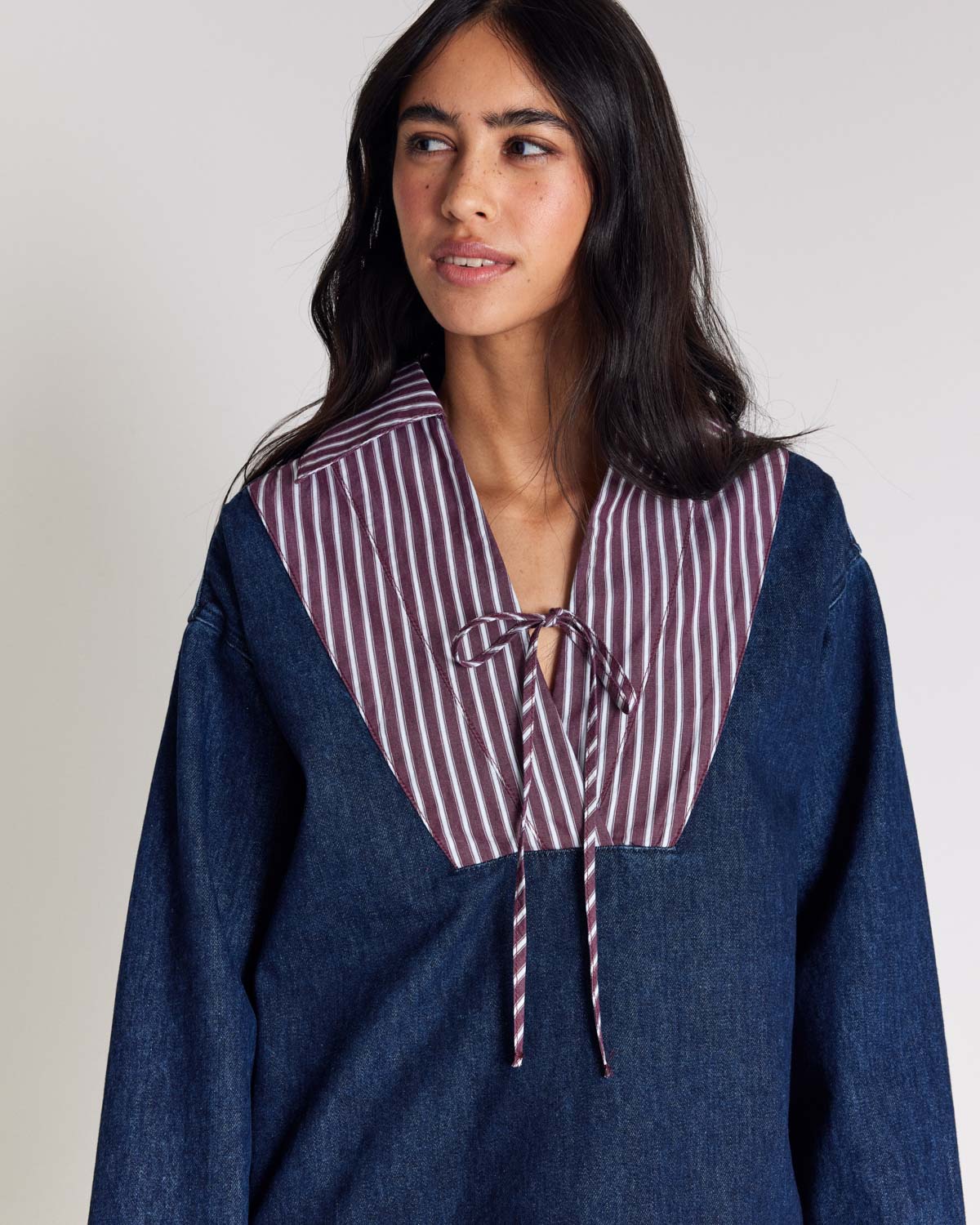 Hilaire tunic in indigo blue with plum stripes
