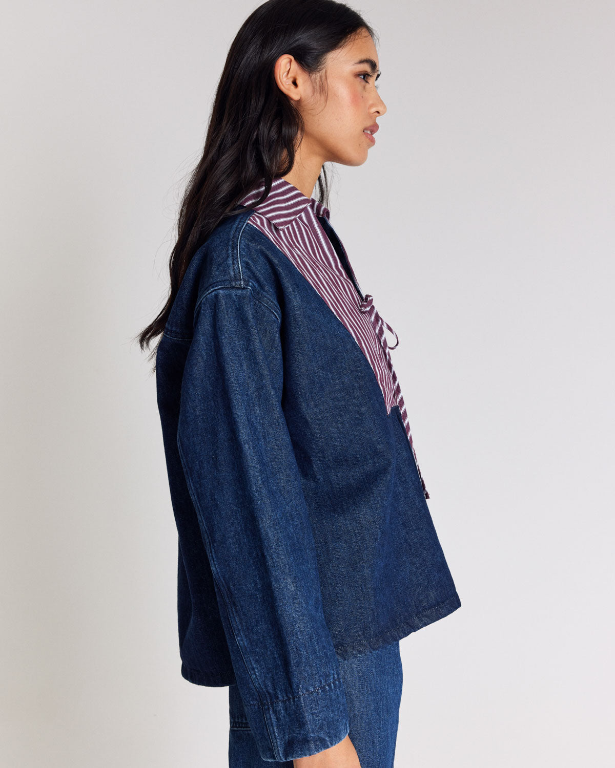Hilaire tunic in indigo blue with plum stripes