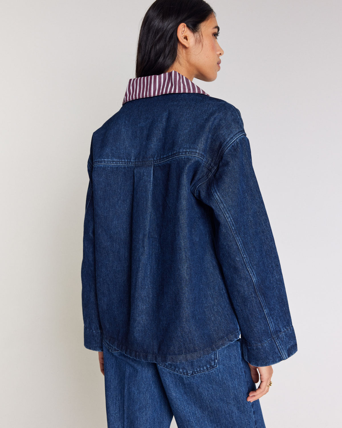 Hilaire tunic in indigo blue with plum stripes