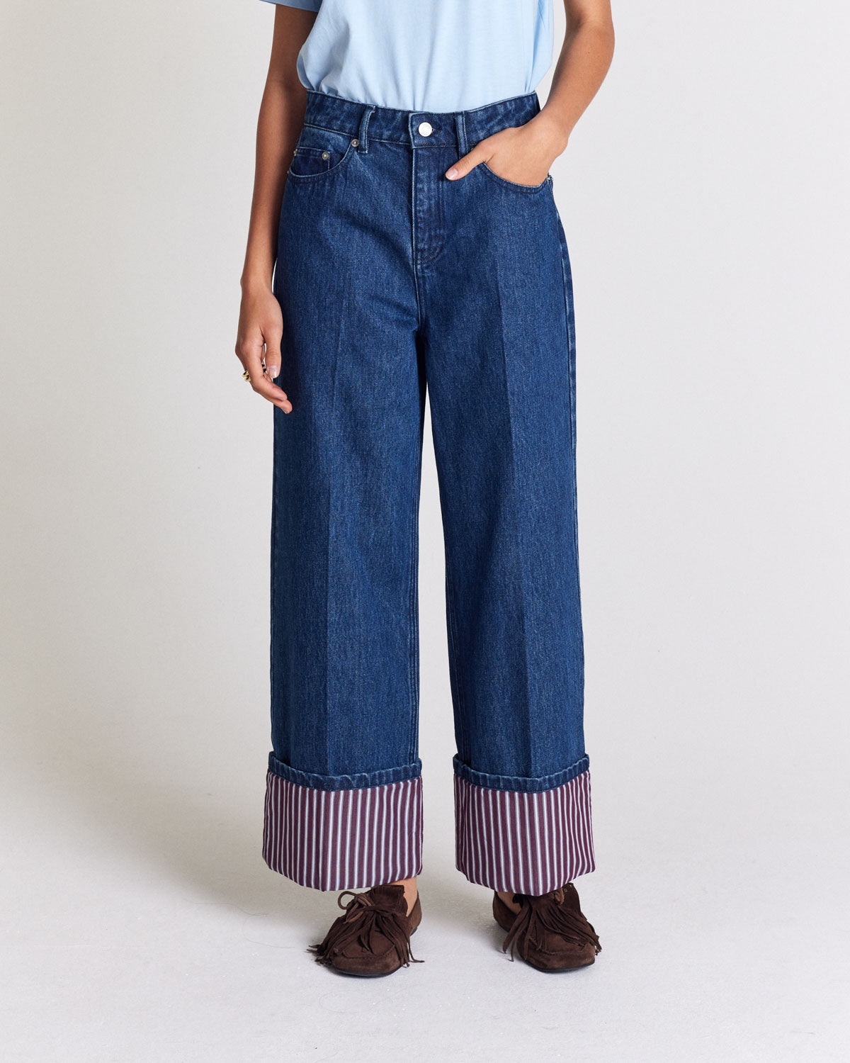 Jean Aymeric indigo blue with plum stripes