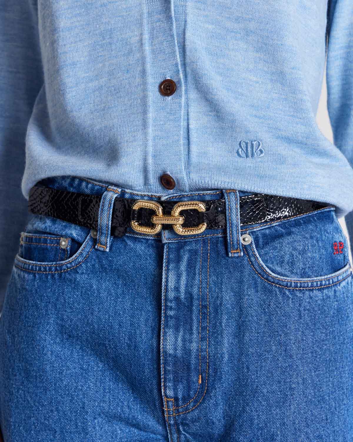 Ceane belt, embossed black patent leather