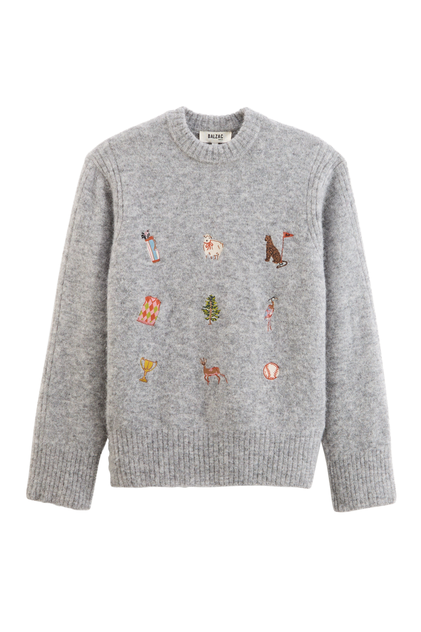 Pull Prune gris chiné et broderies ivy