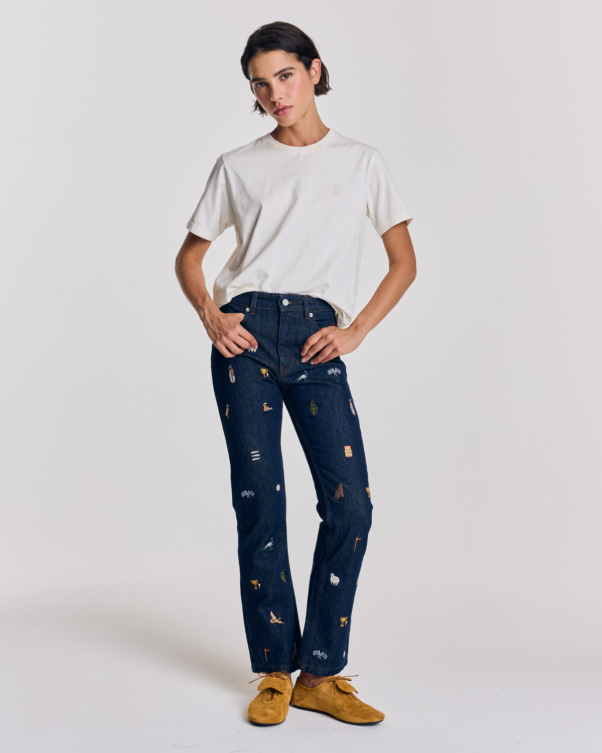 Blue raw denim jeans and ivy embroidery