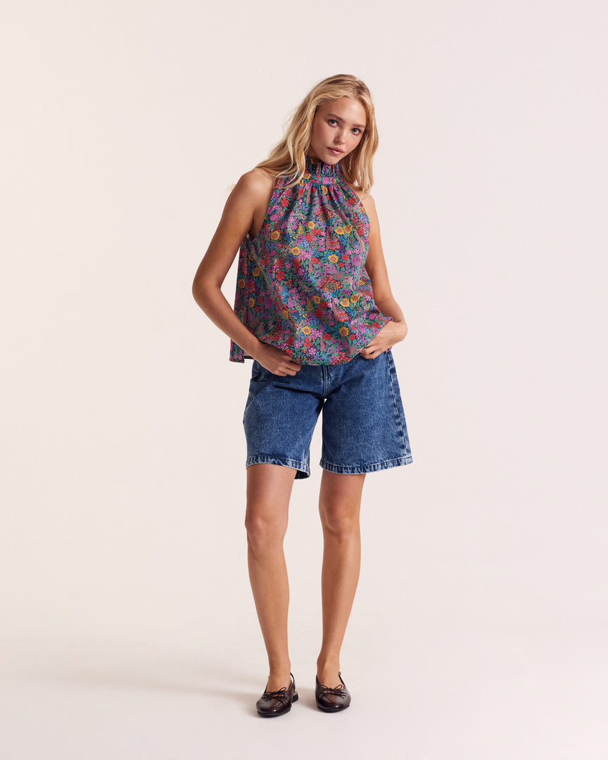 Top Léonora in fabric Liberty purple, pink and yellow