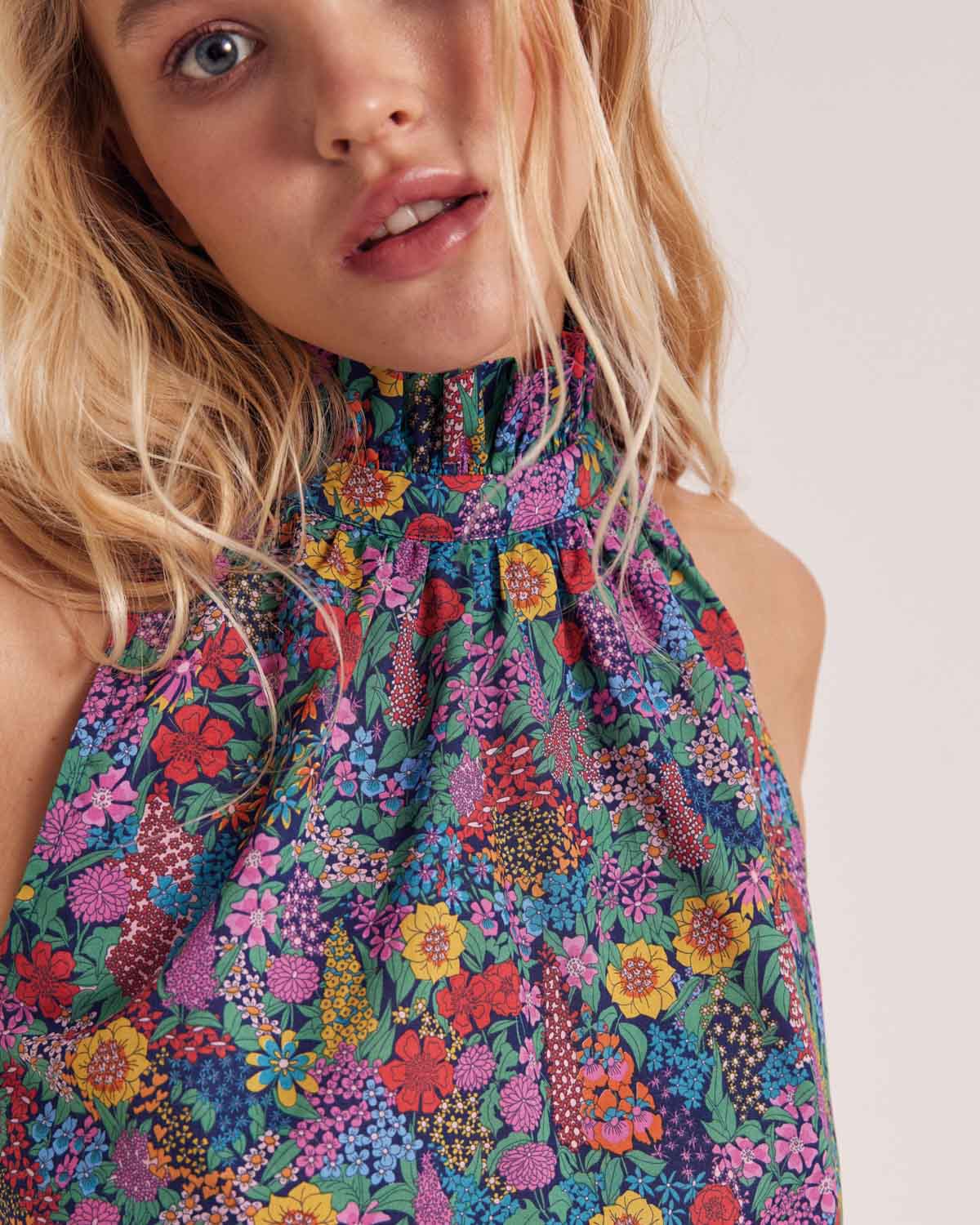 Top Léonora in fabric Liberty purple, pink and yellow