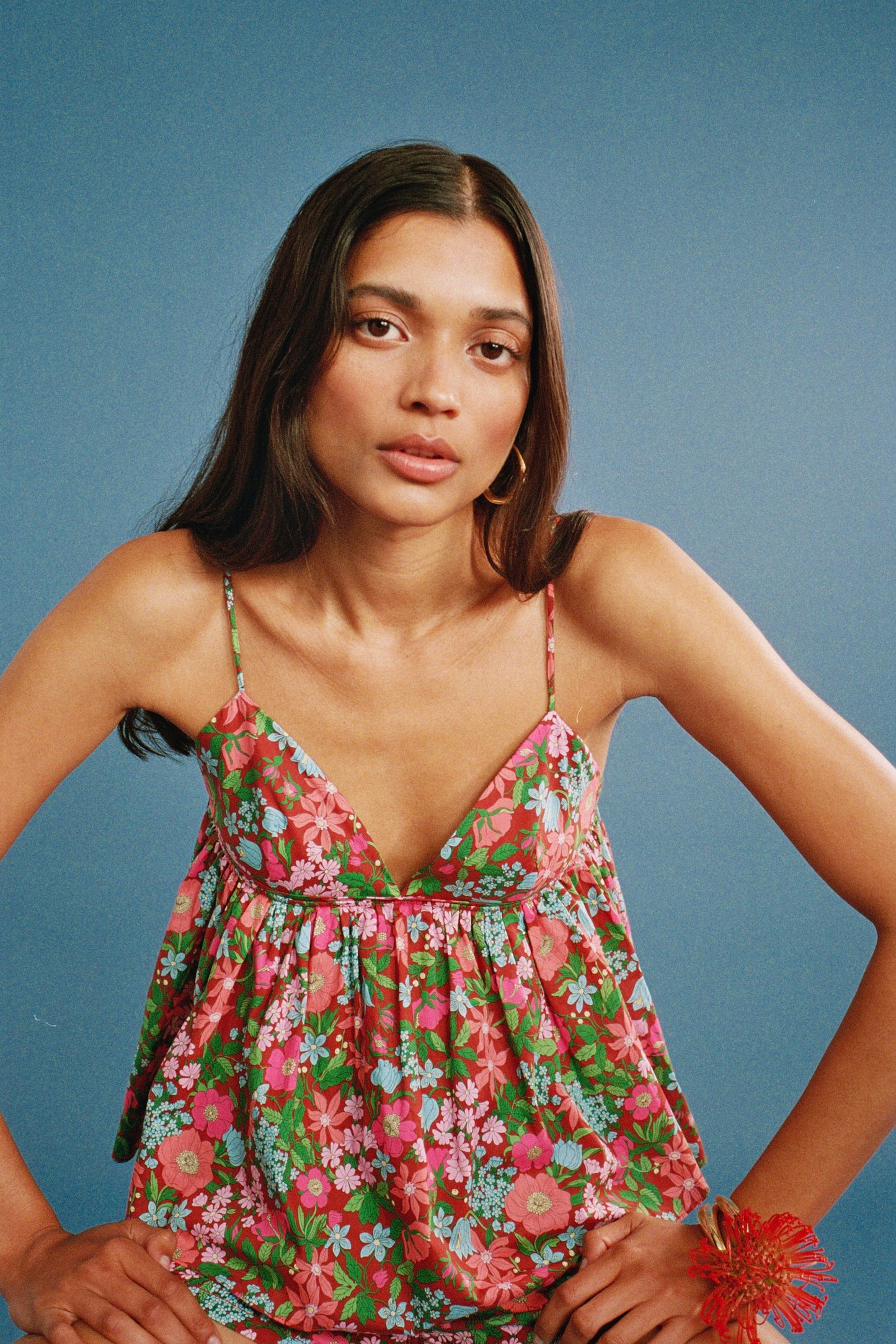 Calia top with pink and burgundy Liberty print