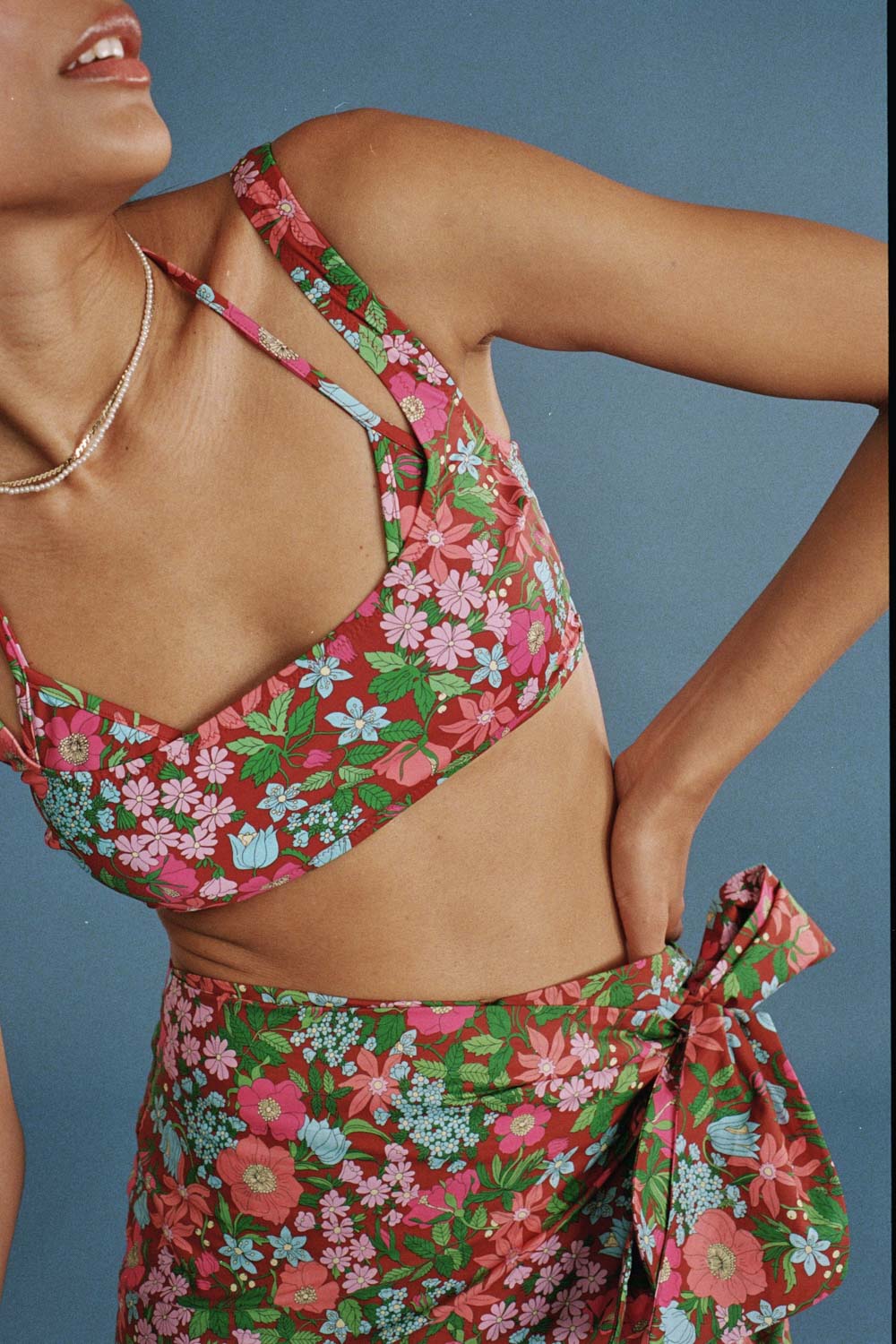 Nova swimsuit top in pink and burgundy Liberty print
