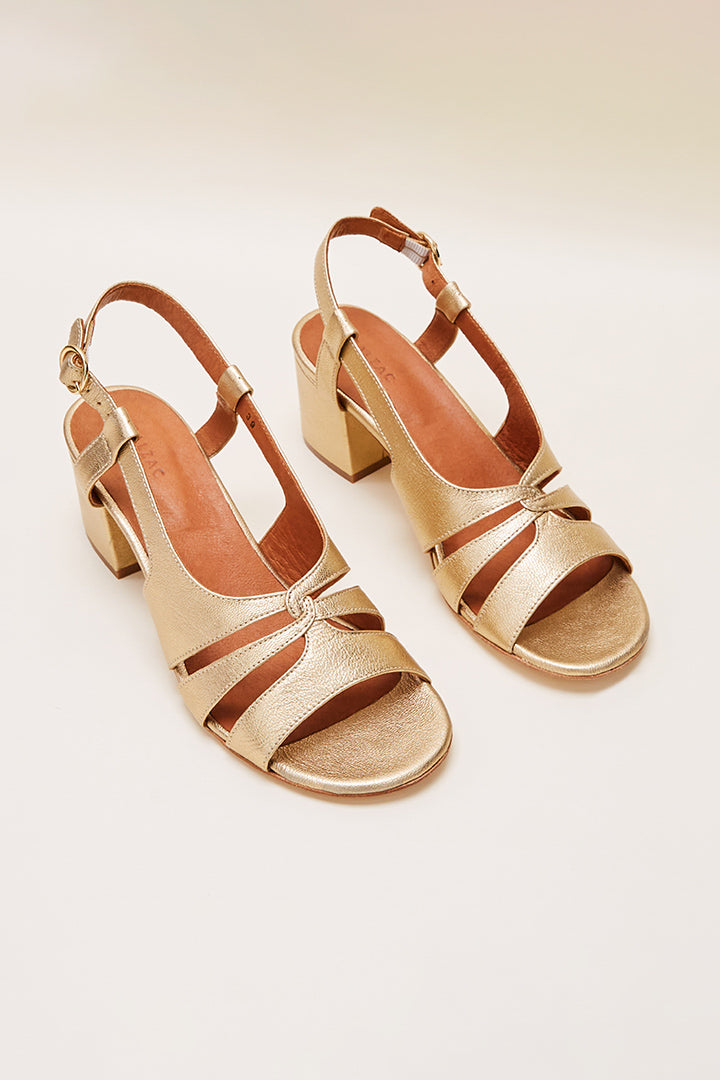 Gaelle gold wrinkled leather heeled open sandals Balzac Paris