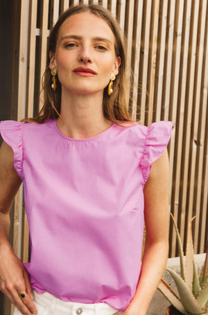 Blouse Chiara rose bubble gum manches courtes volants coton bio