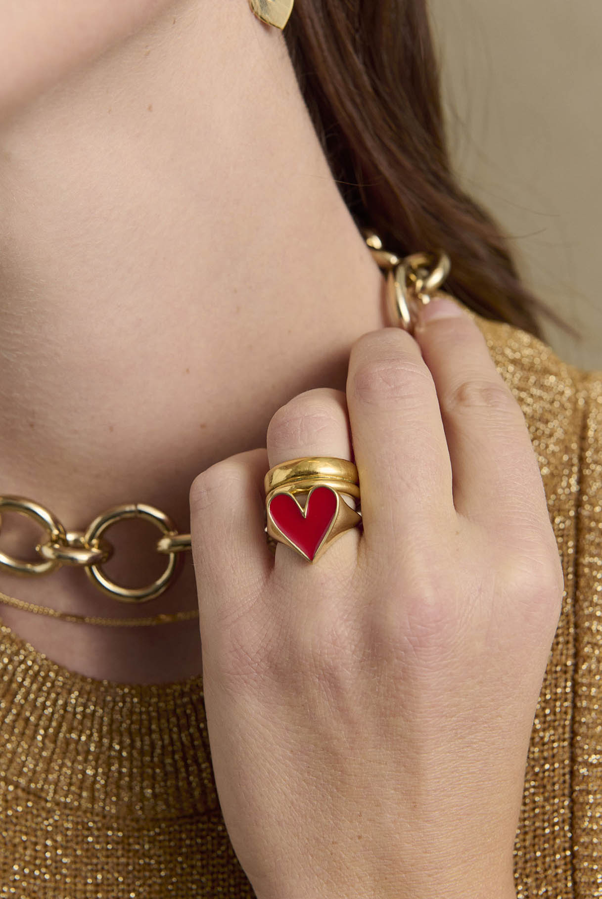 Gold Faustine ring with red heart