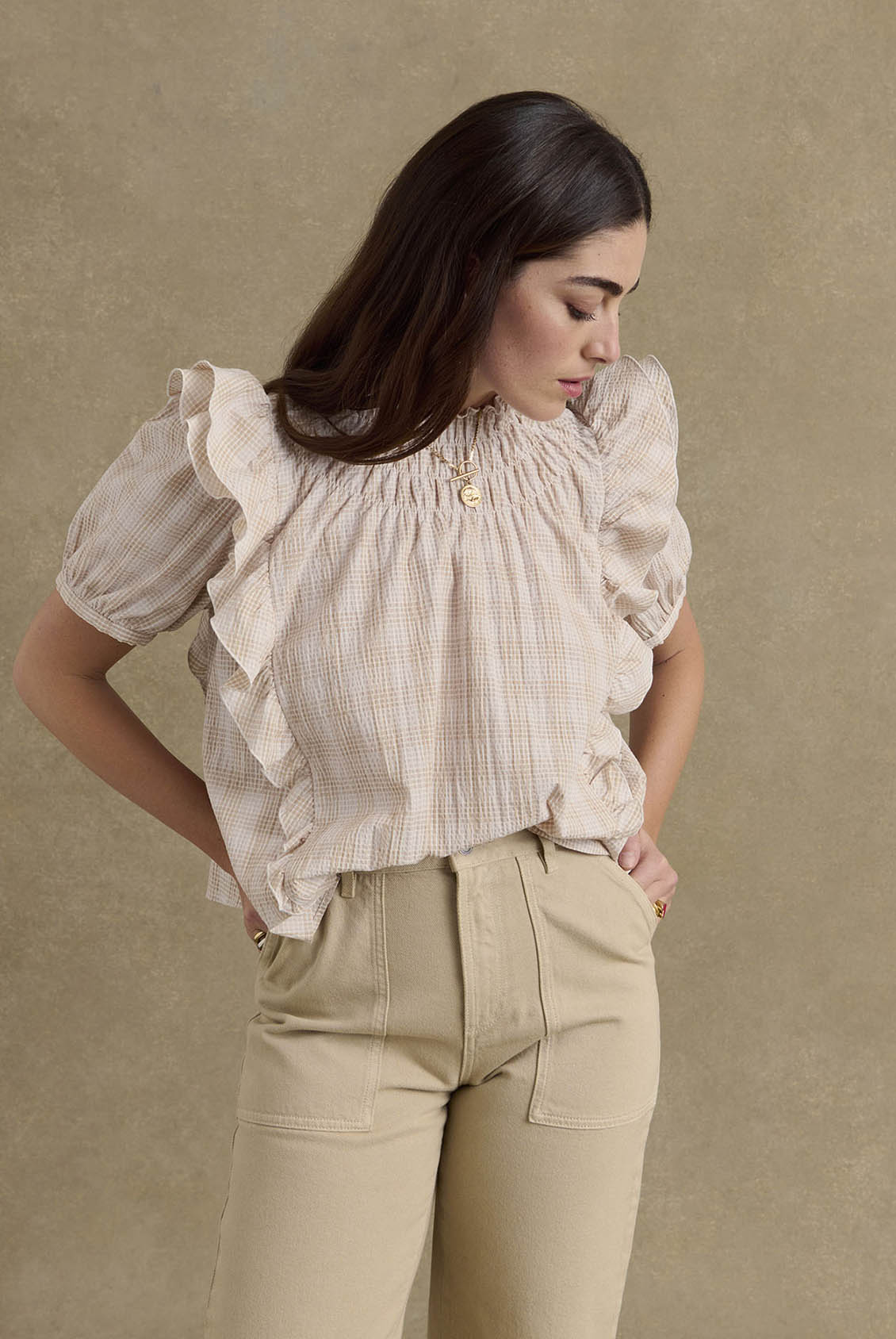 Amia beige and white check blouse