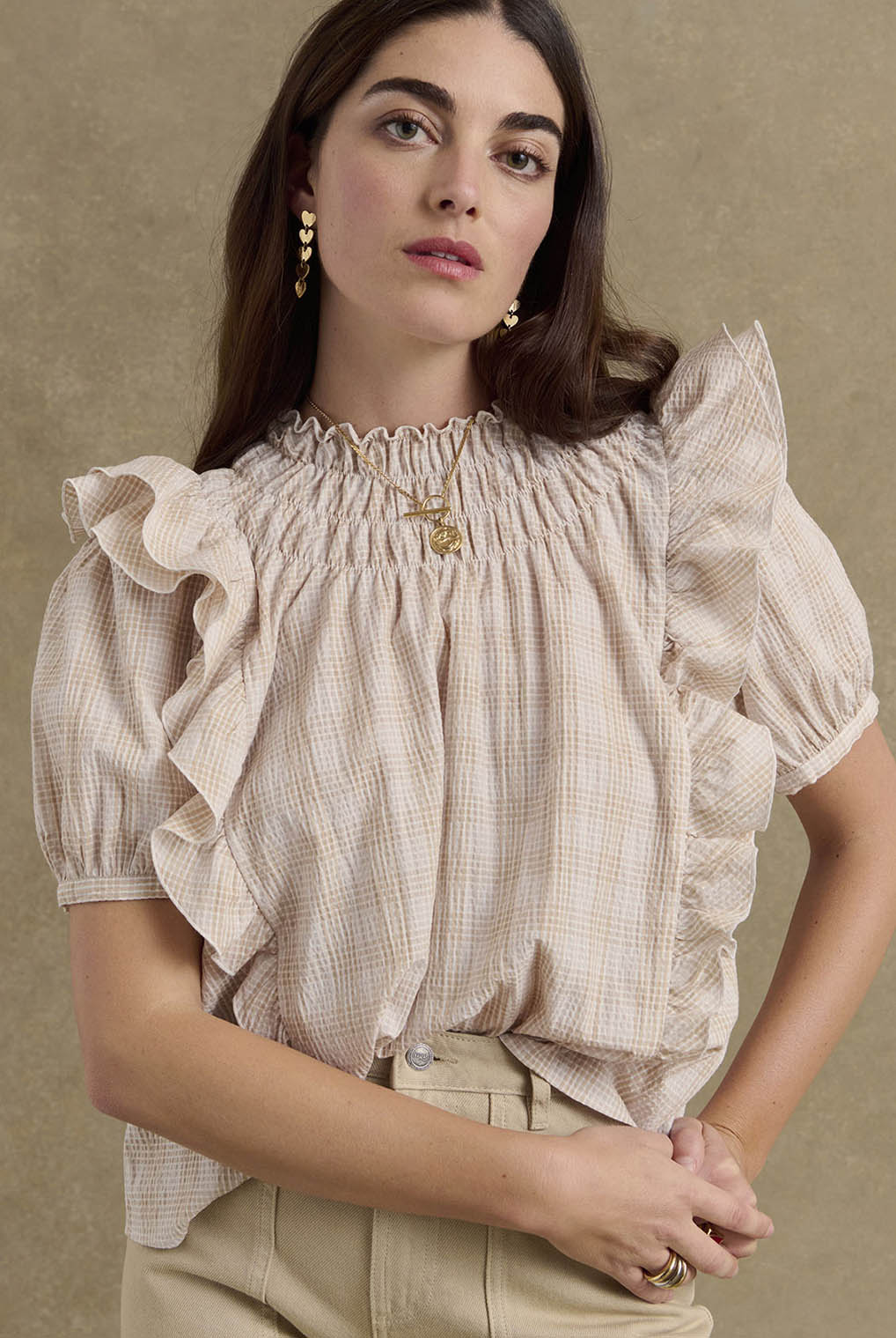 beige ruffle blouse