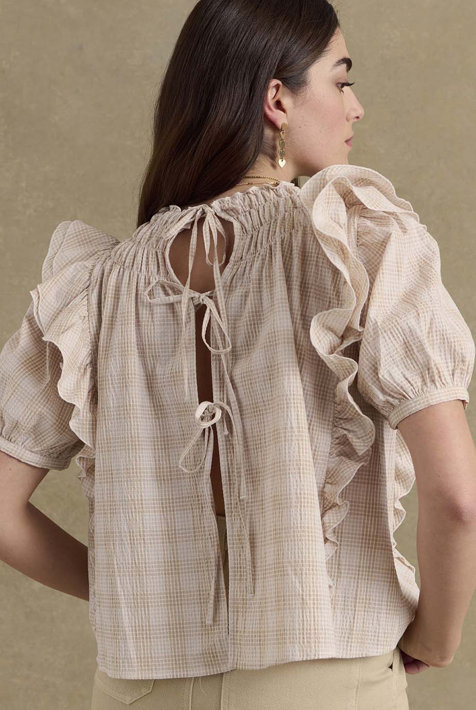 Amia beige and white check blouse