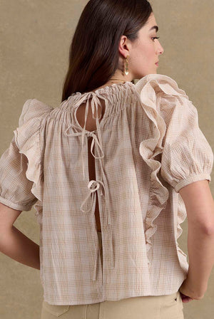 Amia beige and white check blouse