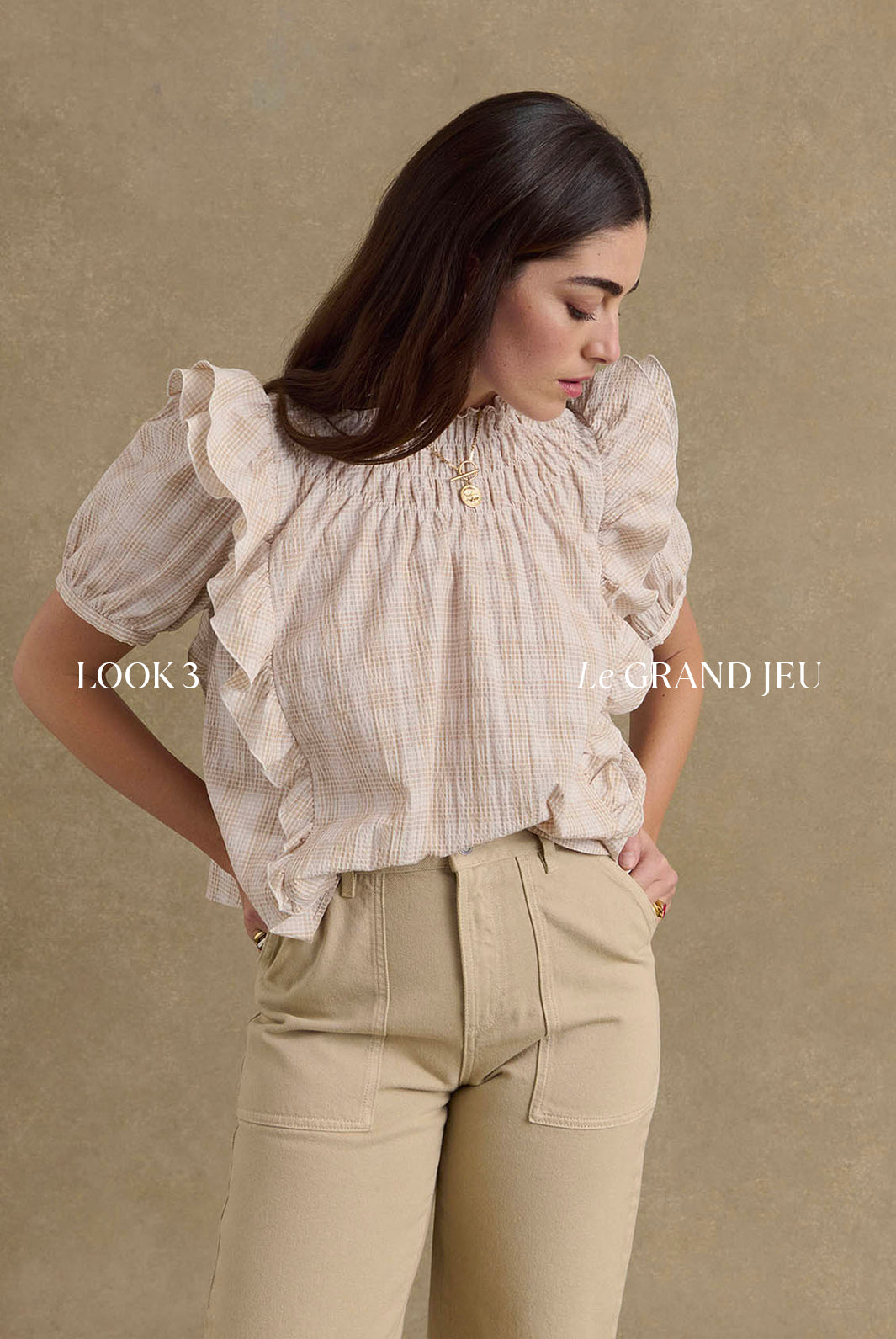 Blouse Amia checks beige and white