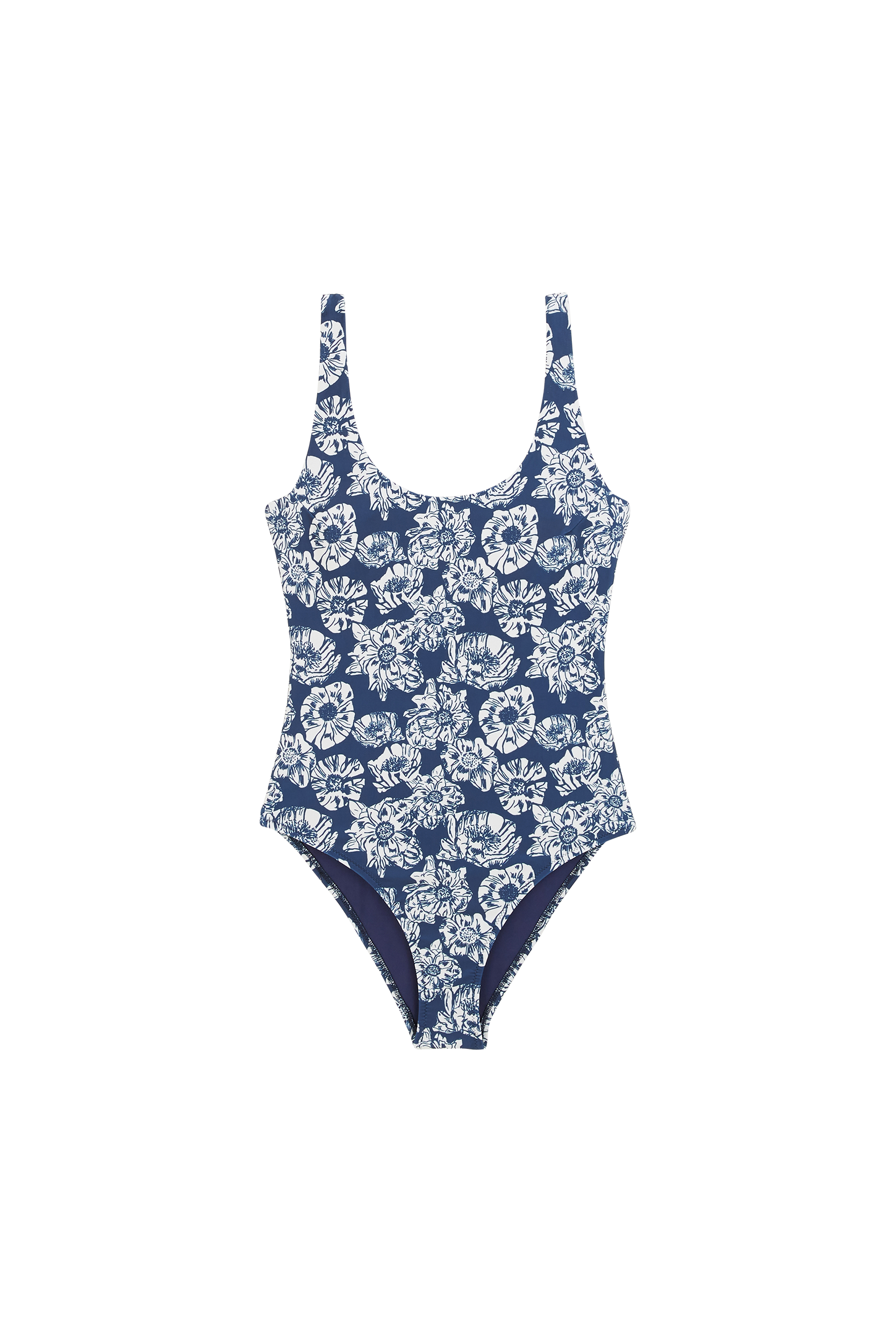 Emma swimsuit with navy and ecru flower party print