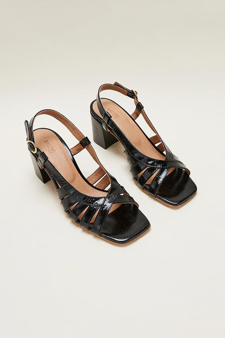 Prudence crinkle patent black sandals