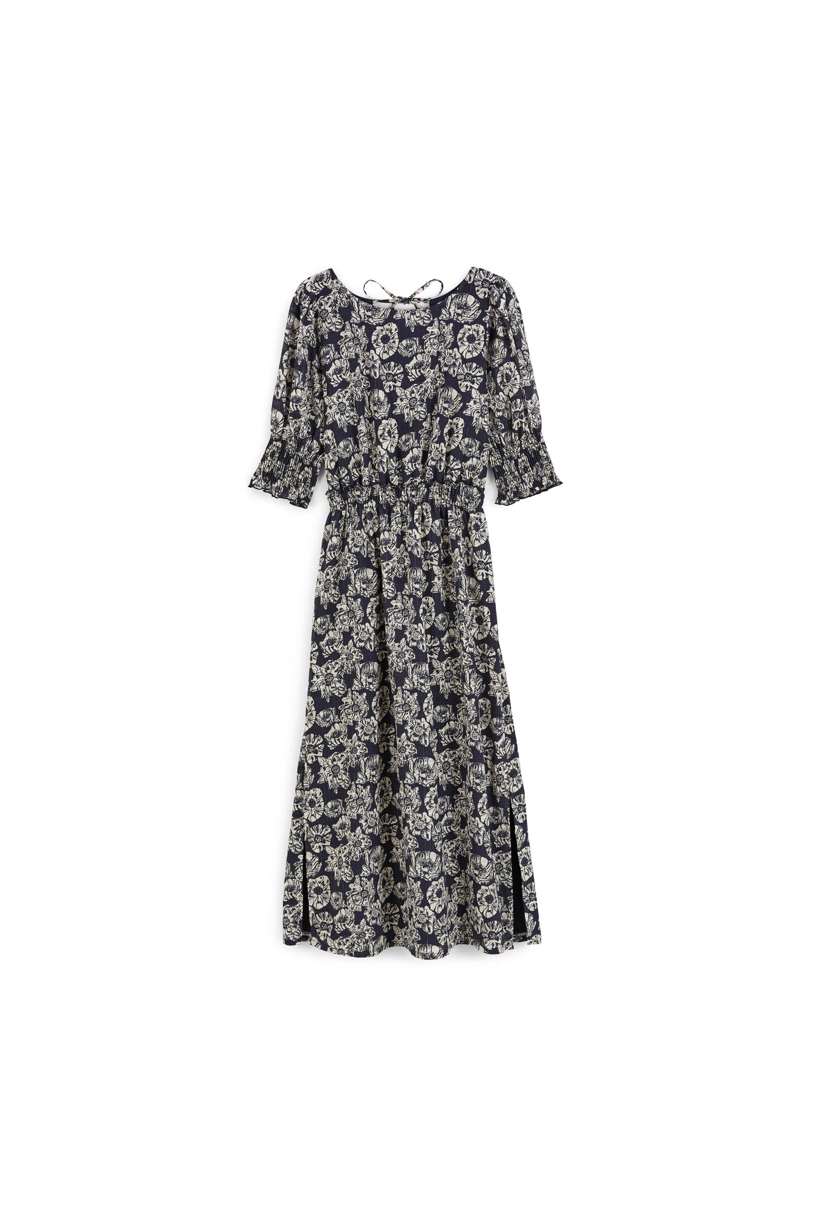 Dress Célesta printed flower party stripes navy and ecru