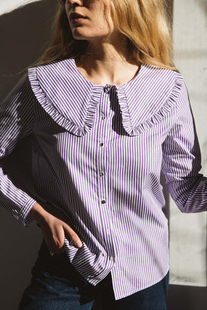 Chemise Gian rayures violettes imprimé grand col fronce coton bio OEKO-TEX 