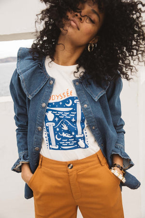 Tee-shirt Odyssée bleu écru coton bio imprimé dessin Grèce