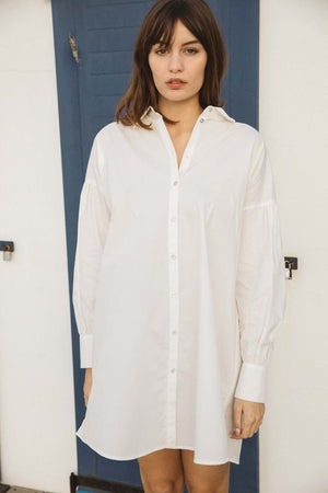 Robe chemise Voguer blanc bouton nacre manches plis fronce coton bio