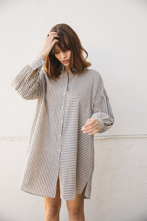 Robe chemise Voguer rayure bleu gris lin français coton OEKO-TEX nacre