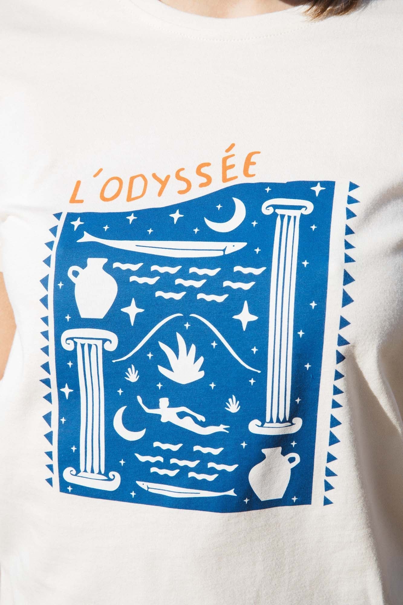Tee-shirt Odyssée bleu écru coton bio imprimé dessin