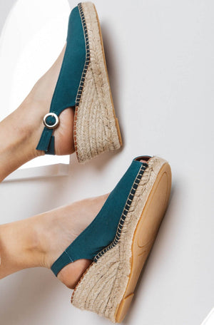 Espadrilles Manuela bleu canard coton bio artisanat talon compensé