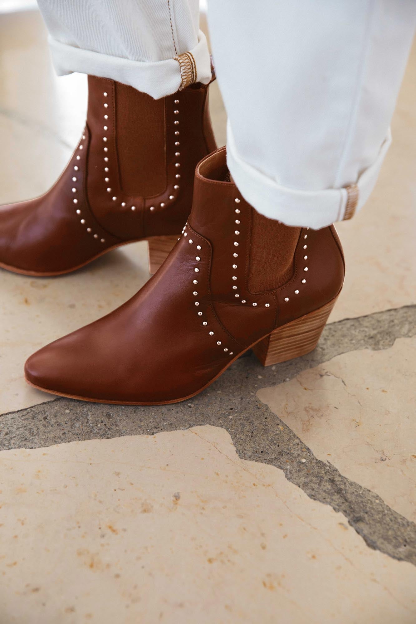 Laeticia dark cognac studded ankle boots